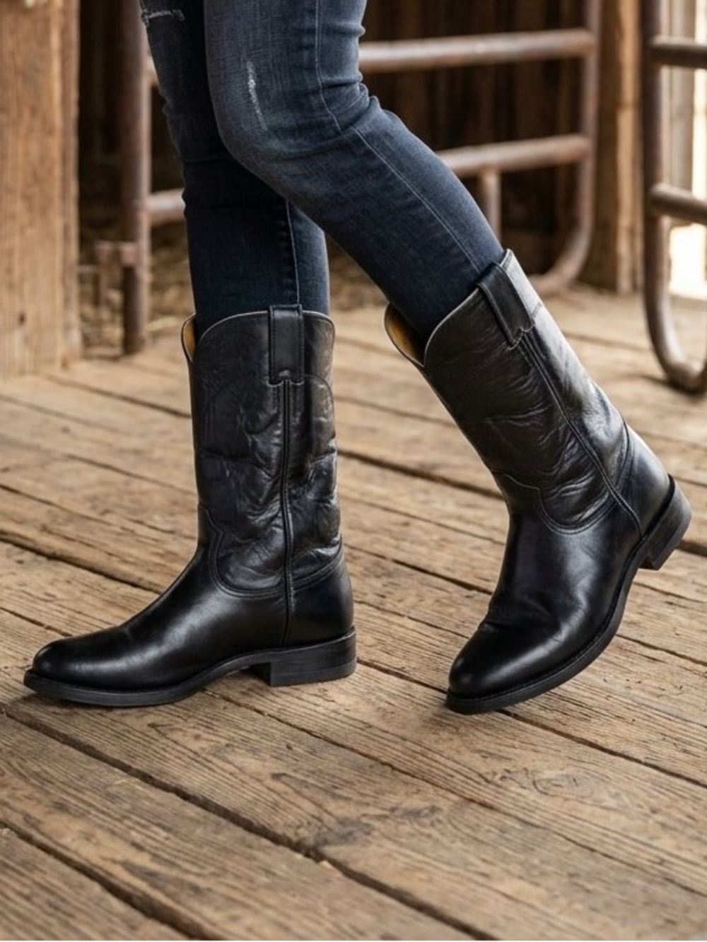 Vintage JUSTIN Black Leather Cowboy Roper Boots 7C